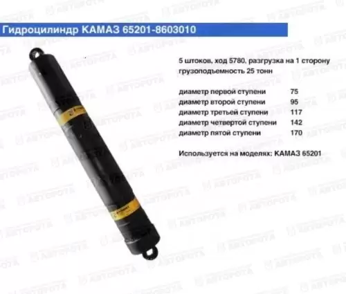 Гидроцилиндр подъема кузова для а/м КАМАЗ пяти штоковый (25т) 65201-8603010 - Авторота