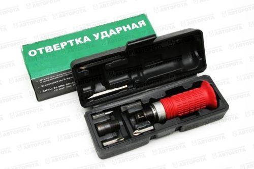 Отвертка ударно-поворотная с битами (6шт) обрезиненная рукоятка 1/2" реверсивная кейс (комплект 8шт) AT52610 (AT) - Авторота
